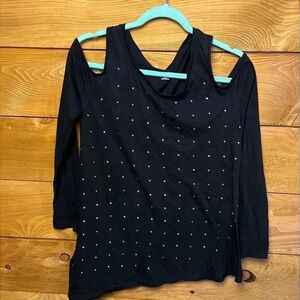 a.n.a. Women’s black top blouse‎  silver studs front long sleeve cold shoulder M